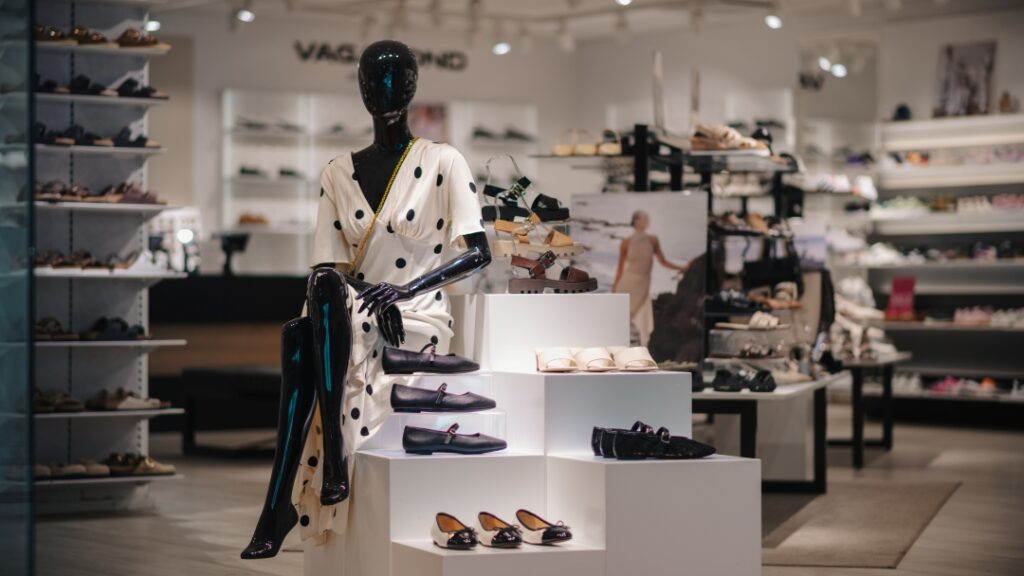 Skyltdocka i prickig klänning omgiven av skor och sandaler presenterade i skobutik.