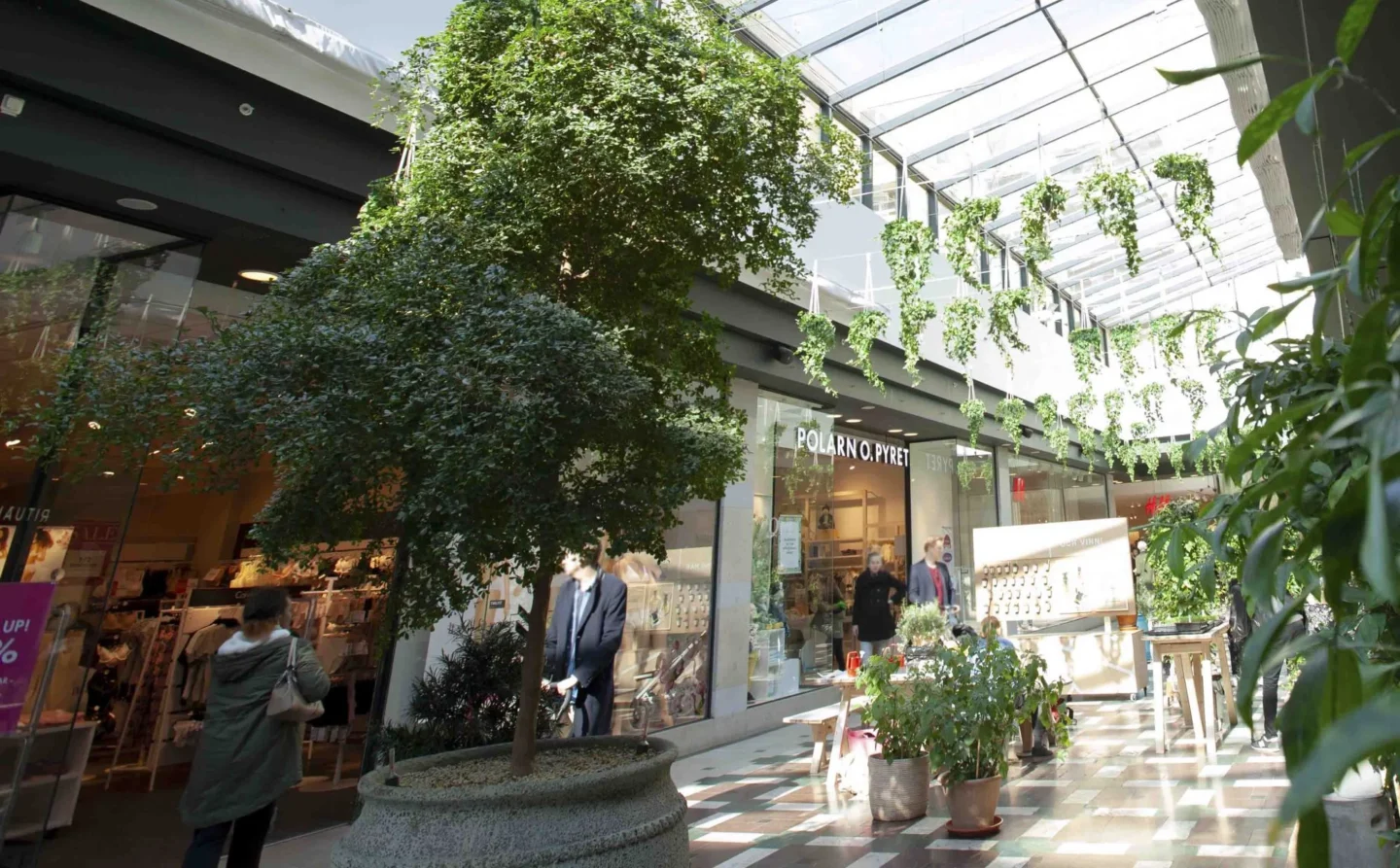 Inomhusgalleria med glastak fyllt av grönska